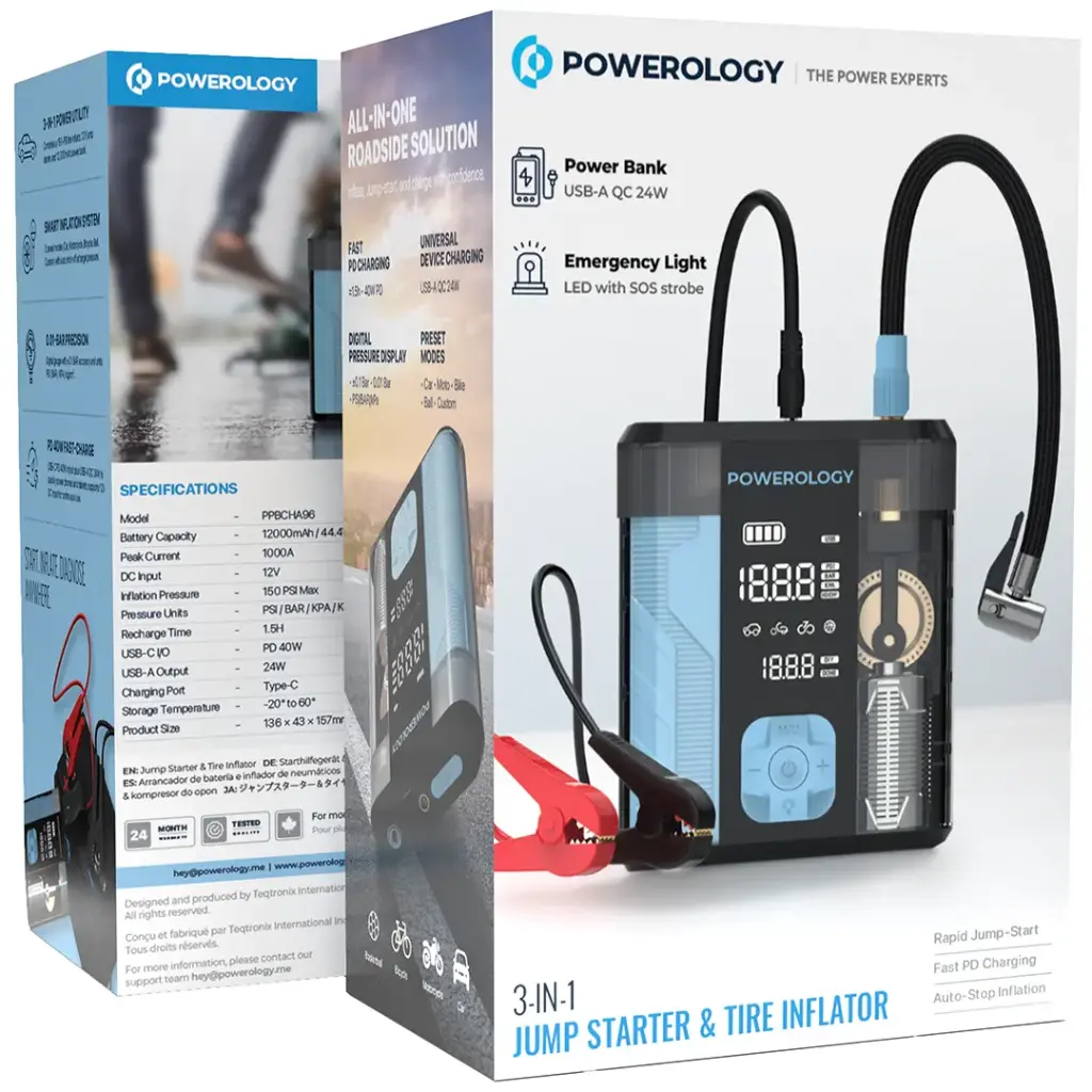 جامپ استارتر و پمپ باد پاورولوژی Powerology 3-In-1 Jump Starter & Tire Inflator 2 جامپ استارتر و پمپ باد پاورولوژی Powerology 3-In-1 Jump Starter & Tire Inflator - Image 2